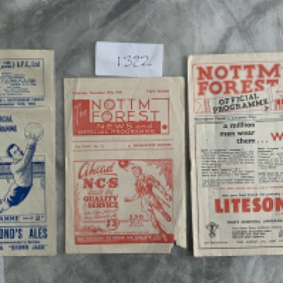 Nottingham Forest Football Programmes: Away to 46/47 Bradford Park Avenue and home to 47/48 Doncaster piece missing from border, 51/52 Leicester. Very good unless stated. (3)