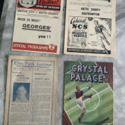 Notts County Football Programmes: Away v 46/47 Reading, 48/49 Bristol,City, 49/50 Crystal Palace and home v 51/52 Southampton. Very good. (4)