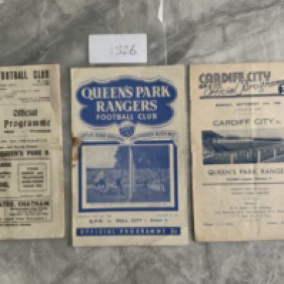 QPR 1940s Football Programmes: Aways at 47/48 Gillingham FA Cup, 48/49 Cardiff both good plus home v Hull 49/50 with staple rusted away. (3)