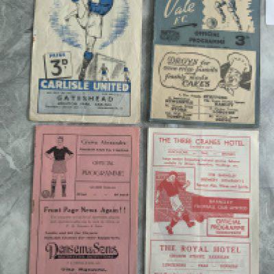 Gateshead Away Football Programmes: 48/49 Crewe, 49/50 Carlisle, 53/54 Port Vale, 54/55 Barnsley. Very good. (4)