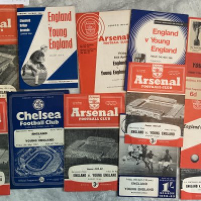 Young England Football Programmes: Only missing a couple to complete the collection of matches played against England 1st team either at Arsenal or Chelsea during the 50s and 60s. All but one good. Instructions to sell. (12)