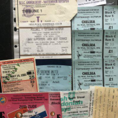 Tottenham Football Tickets: Away matches at Feyenoord 1984 UEFA Cup final, 91/92 quarter final, 82/83 Brighton. 1981 FA Cup Final replay and homes v 73/74 Chelsea x 3, 81/82 Dundalk. Good. (10)