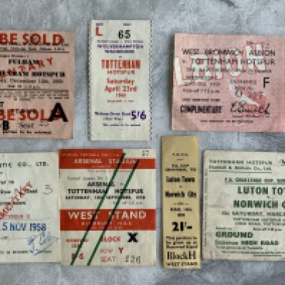 Tottenham 1950s Away Football Tickets: 58/59 Arsenal Luton plus stub and ticket for Luton v Norwich FA Cup semi final 1959 at Spurs. 59/60 Wolves West Brom and Fulham. Good. (7)