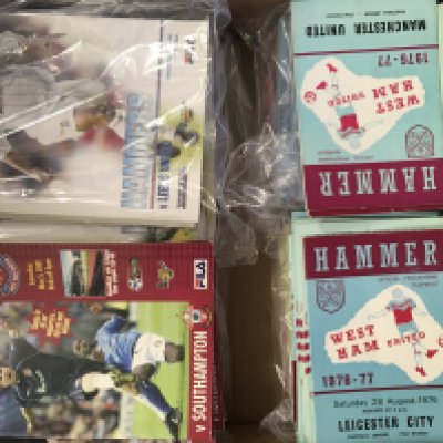 West Ham Home Football Programmes: From the 70s up to the 2000s in excellent condition. 2 boxes with up to 150 programmes with instructions to sell.