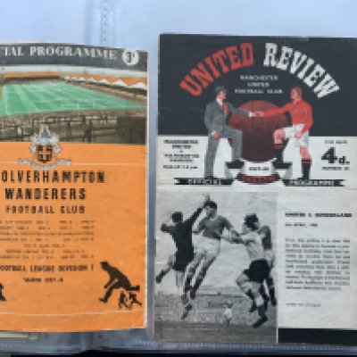 Wolves 1950s Sets Of Football Programmes: 21 aways from 56/57 in fair condition. From the championship season of 57/58 there are all 42 league home and aways plus 4 FA Cup. Please note additionally the Man Utd postponed is a replica. Mainly good. (65+)