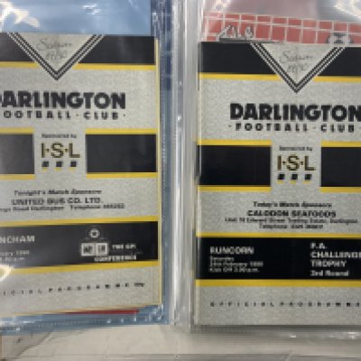 89/90 Darlington Football Programmes: From their famous Conference season. They were relegated from the football league the previous season and went straight back up winning the Conference. There are 42 league matches, 5 FA Cup, 5 Trophy and 8 friendlies. Nice collection in excellent condition neatly housed in two folders.