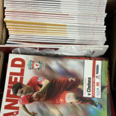Liverpool Home Football Programmes: A massive quantity of home programmes in mint condition right up to last season. Potentially complete runs to include European programmes. Includes Yearbooks and more. Contained in suitcases holdalls and boxes. Excellent reseller opportunity.