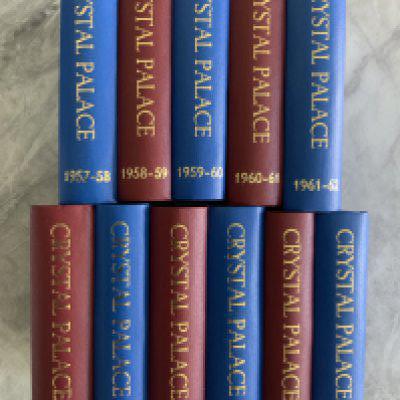 Crystal Palace Bound Volumes 57/58 - 67/68 Home Football Programmes: Possibly complete of all 1st team with covers. These were the small programmes and have been bound later with alternate colours so would look great and take up little room. One season claret next year blue with bold Crystal Pace and season embossed to spine. (11 volumes)