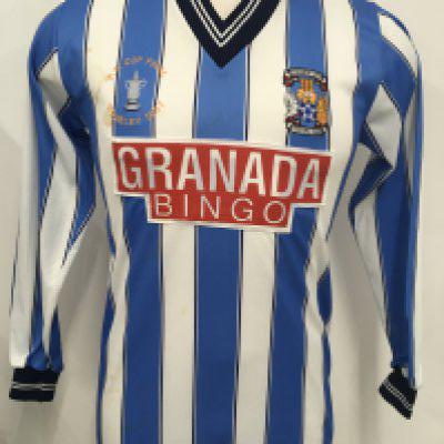 1987 Coventry FA Cup Final Match Issued Football Shirt: Long sleeve blue and white striped shirt made by Triple Sports with Granada Bingo sponsorship. Issued to David Phillips with number 2 to rear. David and some of the other players opted to wear short sleeves in the famous 3-2 victory over Tottenham.