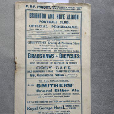 1924 - 1925 Brighton v Watford FA Cup Football Programme: Fair condition replay with no team changes. Hole left where staple rusted away.