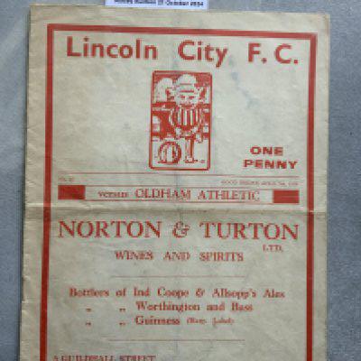 38/39 Lincoln City v Oldham Athletic Football Programme: Fair/good condition league match with no team changes. Folding and slight wear to spine.
