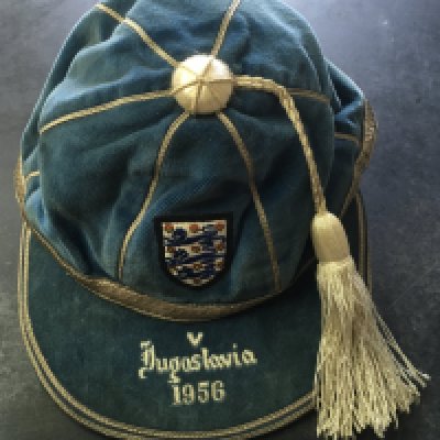Frank Blunstone Chelsea Footballer England International Cap: Full International blue cap with 3 Lions to front and tassel. Peak reads 1956 Yugoslavia. This match at Wembley was the last of the 5 caps he achieved. Very good.