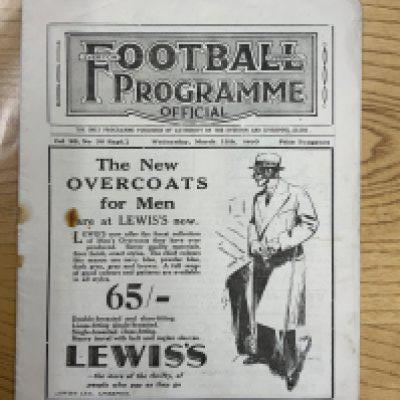 29/30 England International Trial Football Programme: England v The Rest played at Everton on 12 3 1930. Staple has rusted away leaving hole, otherwise good with no team changes.