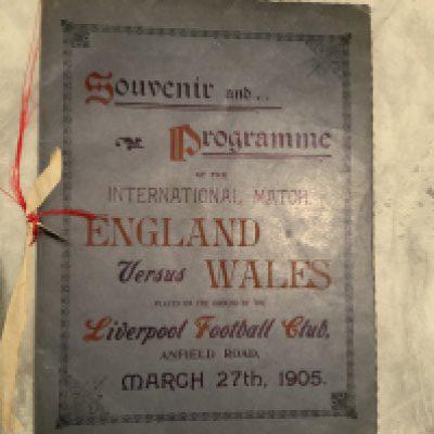 1905 England v Wales VIP Football Programme: Full International played at Anfield Liverpool. Excellent condition with white and red ribbon. VIP cover. Stunning programme with no team changes.