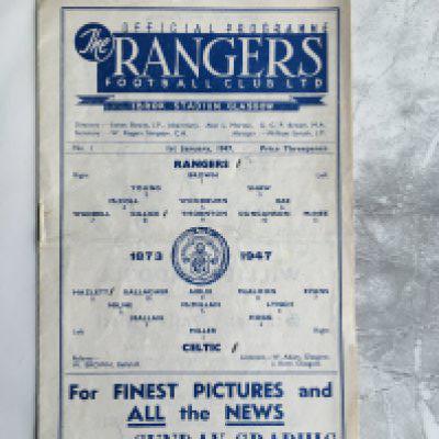 46/47 Glasgow Rangers v Celtic Football Programme: Incredibly rare programme number 1 dated 1 1 1947. Inside page reads the management have pleasure in presenting to their patrons the first edition of the official programme. Score and scorers noted to front team page but no team changes and very good condition.