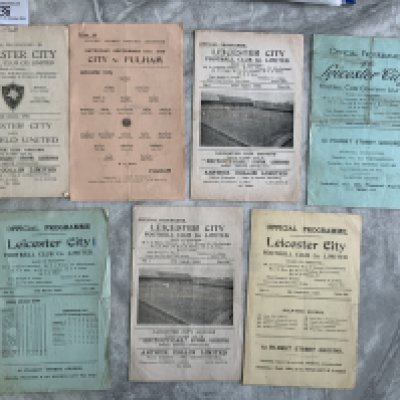 Leicester City 1940s Home Football Programmes: 45/46 Fulham, 46/47 Bury, 47/48 Luton, 48/49 Southampton, 49/50 Hull x 2, Sheffield United. Fair. (7)