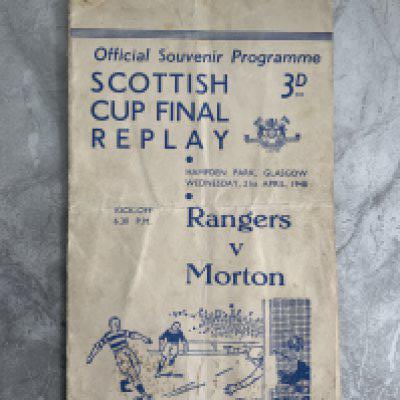 1948 Scottish Cup Final Replay Football Programme: Rangers v Morton played at Hampden Park. Fair/good condition with no team changes. Folding and small tears to bottom edge. Writing inside top left team page.