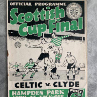 1955 Scottish Cup Final Football Programme: Celtic v Clyde played at Hampden Park. Good condition with no team changes. Rusty staple holding firm.