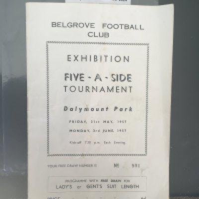1957 Famous Players 5 A Side Football Programme: Held at Dalymount Park in aid of Belgrove Football Club. Incredible to think, Manchester United had just had a cup final and they entered a team to include Whelan Wood Viollet Blanchflower and Whitefoot. A look at online picture will reveal an incredible amount of famous players giving up their summer to include Revie Bingham Docherty OFarrell Fagan Charles and Trautmann. Programme fair with team changes.