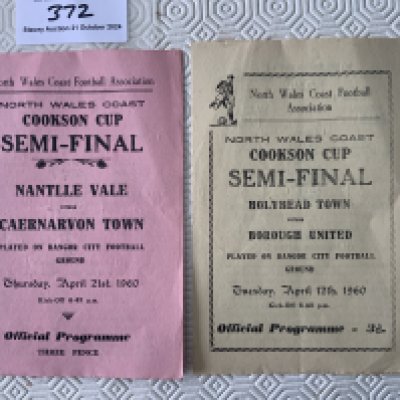 1960 Cookson Cup Semi Final Football Programmes: Holyhead Town v Borough United and Nantlle Vale v Caernarvon Town. Both played at Bangor for the North Wales Coast semi final. Good with team changes. (2)