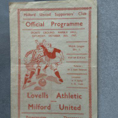 47/48 Milford United v Lovells Football Programme: Good with no team changes. Fold.