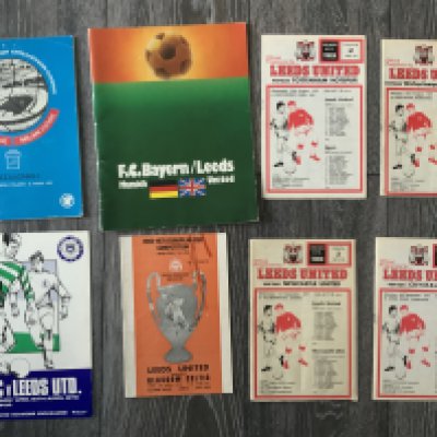 Leeds United Big Match European Football Programmes: 1973 ECWC Final v AC Milan in good condition with pin hole. 1975 European Cup Final v Bayern Munich and both Semi Finals v Celtic in 1970. C/W 4 early 71/72 Leeds homes played at Huddersfield Hull and Sheffield Wednesday. Good. (8)