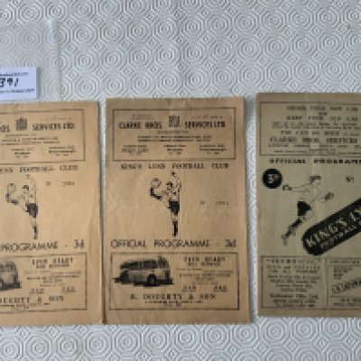 Kings Lynn Home Football Programmes: 54/55 Hull Midland League, Thetford Norfolk Senior Cup and Nuneaton Curley Cup Final with corner border missing. Very good unless stated. (3)