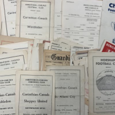 Corinthians Casuals 1950s Football Programmes: Private collection from player and England cricketer Doug Insole. There are 92 from the 50s and 21 from the 60s. Doug played from 1951 to 1963 judging by these home and away programmes. Good. (113)