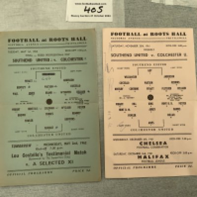61/62 Southend United v Colchester United Football Programmes: Essex Professional Cup Final and a friendly dated 25 11 1961. Single sheets with pen marks. (2)
