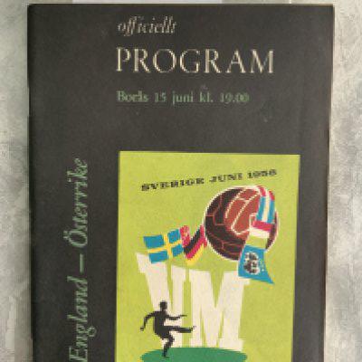 1958 World Cup England v Austria Football Programme: Dated 15 6 1958 played in Sweden. Very good with no team changes.