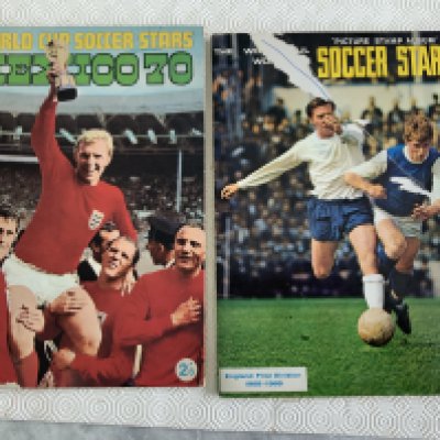 FKS Mexico 70 Complete Football Card Sticker Album: Excellent condition and complete album with results filled in to inner back page. C/W from same maker Soccer Stars 68/69 also complete but with a poor front cover. (2)