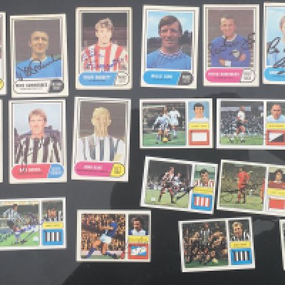 Signed Football Cards: From around 1970 there are A + BC and another make. Hand signed to include Summerbee Storey-Moore Hartford Lee and Kaye. (30)