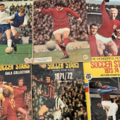 FKS Football Sticker Albums: World Cup Mexico 1970 is complete. Soccer Stars 68/69 + 69/70 are complete, 70/71 71/72 + 73/74 have a few missing. Fair. (6)