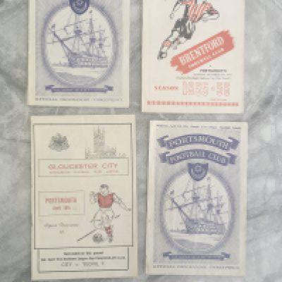 55/56 Portsmouth Football Programmes: Home Friendlies v Rampla and Leeds with aways at Brentford SFC writing to cover and Gloucester City Southern League Cup Final. Good. (4)