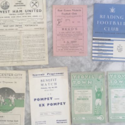 54/55 Portsmouth Away Friendly Football Programmes: Fair/good condition private collection of aways at West Ham Reading East Cowes Victoria Gloucester and two different dates for Yeovil. Includes Benefit match at Fratton Park. (7)