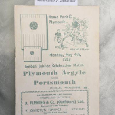 52/52 Plymouth v Portsmouth Jubilee Football Programme: Golden Jubilee Celebration Match dated 4 5 1953 in excellent condition with no team changes.