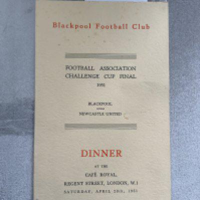 1951 Blackpool FA Cup Final Football Menu: Held the evening of the defeat to Newcastle. Excellent condition.