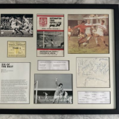 George Best Scores 6 Manchester United Framed Football Display: Stunning piece using original items to include ticket for famous match at Northampton in 69/70, programme signed to cover by Best Law and Charlton, lined autograph page of Manchester United autographs from the team that won 8-2 at The County Ground. C/W write up of match and some replica pictures of action from the game.