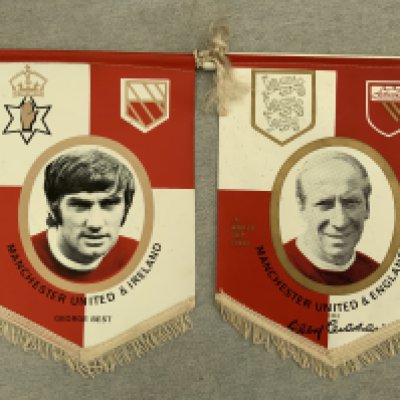 Manchester United Football Pennants: From the mid 60s of George Best and Bobby Charlton in Manchester United kit. Excellent. (2)