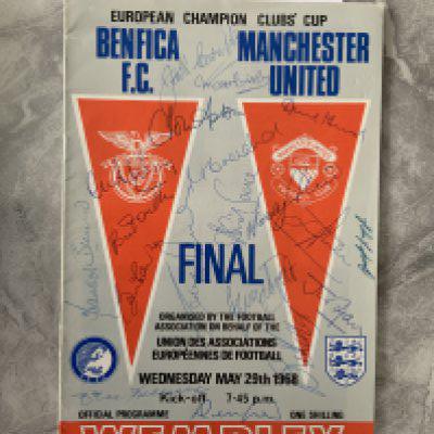 Manchester United 1968 Europa Cup Final Signed Football Programme: Stunning genuine item we had the pleasure of selling in 2021. Signed to cover by 17 players who all took part in at least one round of the European Cup winning run with the added bonus of Matt Busby and Jack Compton.