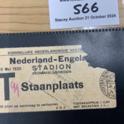 1935 Netherlands v England Football Ticket: Dated 18 5 1935 played in Amsterdam. Full international ticket has been torn off at corner for entry. Writing.