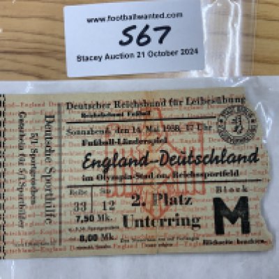 1938 Germany v England Football Ticket: Infamous Nazi salute match dated 14 5 1938 played in Berlin. Fair condition full international ticket torn at edge for entry. Fold.