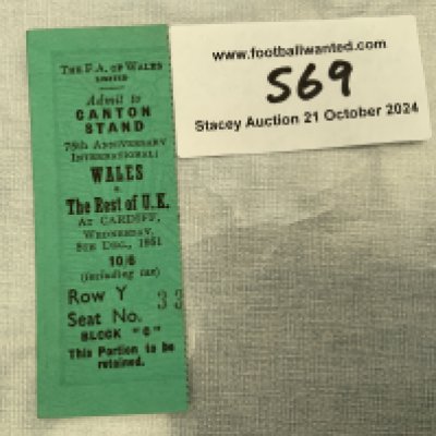 1951 Wales v Rest Of UK Football Ticket: 75th Anniversary ticket played at Cardiff. Good condition stub.