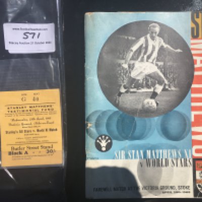 1965 Stanley Matthews Testimonial Ticket + Programme: Excellent condition ticket and fair condition programme for the Stanleys All Stars v World X1 match at Stoke.