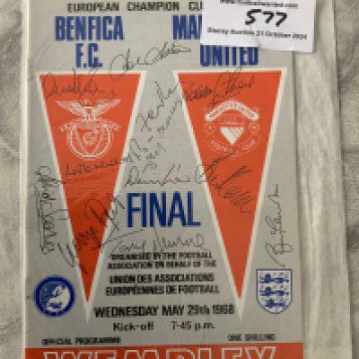 1968 Manchester United Signed ECF Programme: Signed by the European Cup winning team plus Denis Law. Personally obtained by a friend of Football Wanted who used to arrange dinners in their honour. Includes Charlton and Best. Excellent.