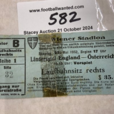 1952 Austria v England Football Ticket: Dated 25 5 1952 played in Vienna and the famous Lion of Vienna match which Nat Lofthouse was famous for. Taped together with cellotape on this full international ticket.