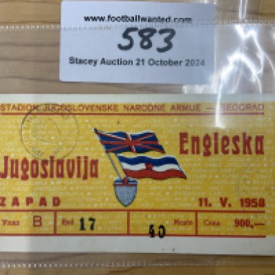 1958 Yugoslavia v England Football Ticket: Dated 11 5 1958 played in Belgrade. Very good condition colourful full international ticket.