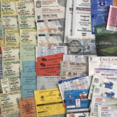 Football Ticket Box: Wide variety of tickets and worth a look. Includes 76/77. Southampton v Anderlecht, FA Cup Final, Charity Shields, League Cup Finals, England Internationals including aways at 2000 Malta, France, Poland Euros, 2001 Greece. There are some VIP tickets including last match at Wembley. (Small box)