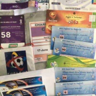 Big Match + VIP Football Tickets: So many World Cup, Euros and final tickets often with additional passes that were on lanyards. Includes Euro 2000, 2004, World Cup 2002, 2006, 2014, Champions League Final 2006, Famous matches for England include 2001 Germany away, Greece home. Lots of tickets come in official wallets with the odd menu. There is also a quantity of general tickets. Must view.