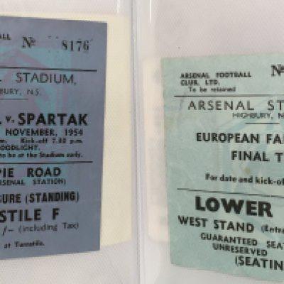 Arsenal Football Ticket Collection: Tickets from the 1960s to the 2000s. Includes big match European and domestic tickets. Finals include 1970 European Fairs Cup with the majority being 70s. 1962 Real Madrid and 1954 Spartak home included. (80)